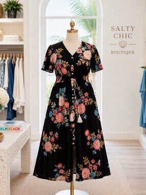 Resort Floral Maxi Dress Button-Front  Dress in Black Pin Up Fashion